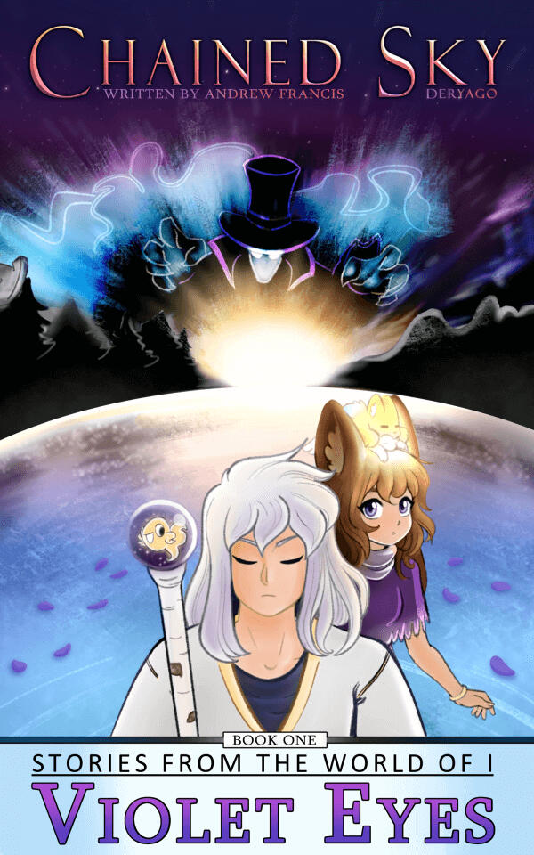 Book cover for the first book of the Chained Sky series, Violet Eyes.