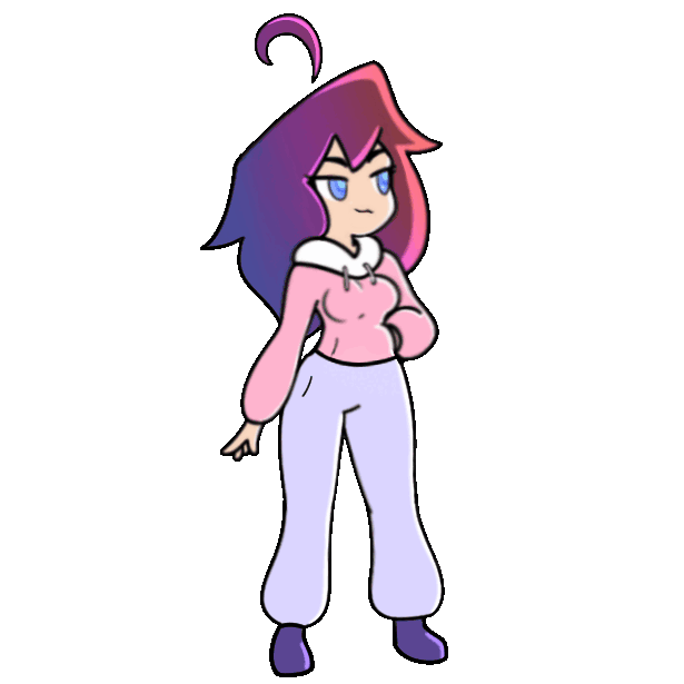 A blue-eyed girl with vibrant red and purple hair swaying side to side. She looks SO comfy in her sweatpants and hoodie.