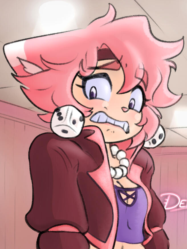 Pink haired catgirl with fuzzy dice earrings looking absolutely distraught at your lack of style